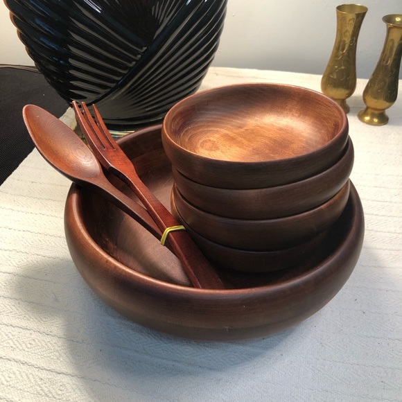 Vintage Baribocraft Wooden Salad Bowl Set with Fork and Spoon Dining 7 Piece Set - Picture 2 of 10